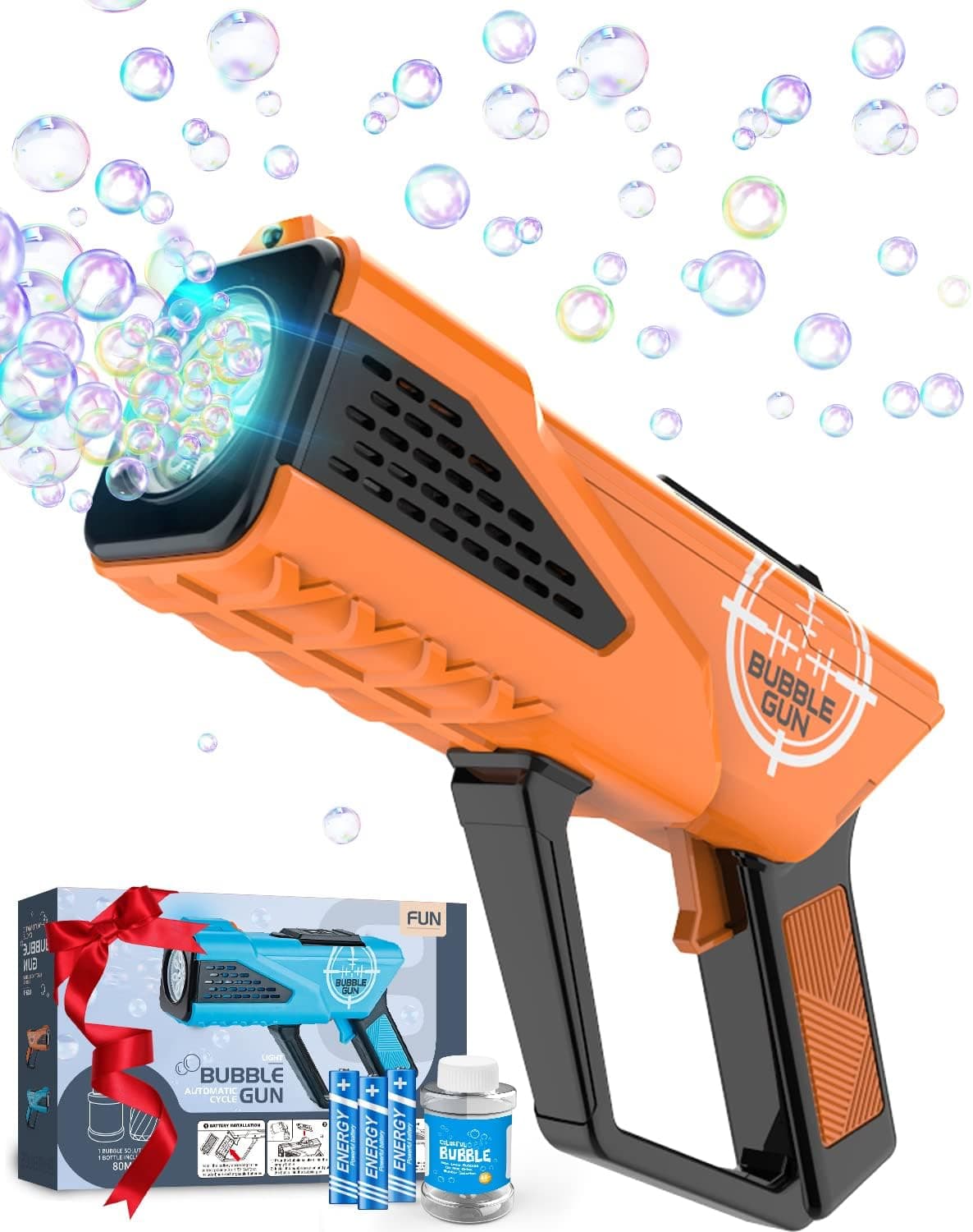 Bubble Gun - Bubble Machine for Kids - Bubble Blaster with 8 Wands & LED Light - Bubble Blower Include Bubble Solution & Batteries - Bubble Maker Gifts for Boys and Girls