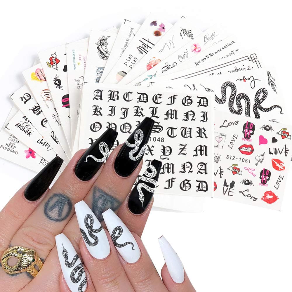 16 Sheet Snake Nail Art Stickers Water Transfer Snake Butterfly Nail Decals Street Fashion Python Cool Letter Nail Designs for Women Girls Manicure Nail Art Decorations