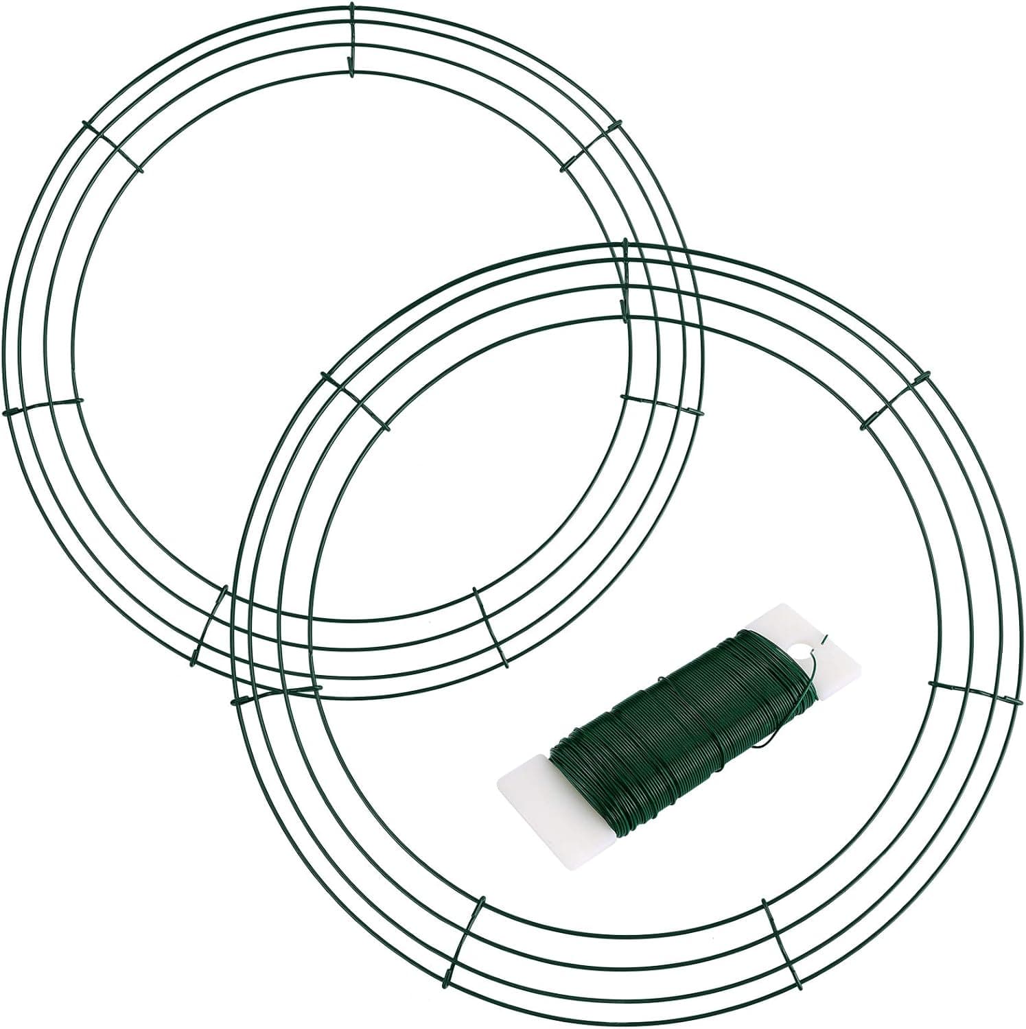 Elcoho 2 Pack Metal Wire Wreath Rings 2 Size Round Shaped Wire Wreath with Green Florists Wire for Home and Party Decor