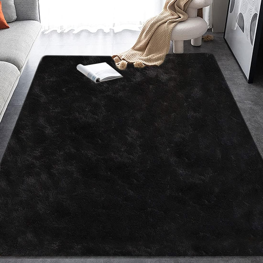 FZCBY Area Rug Fluffy Carpet Anti-Slip Living Room Floor Mat Shaggy Rugs Soft Bedroom Rug Home Decor Kids Room Floor Mat Nursery Rug, Black, 3 x 5 ft