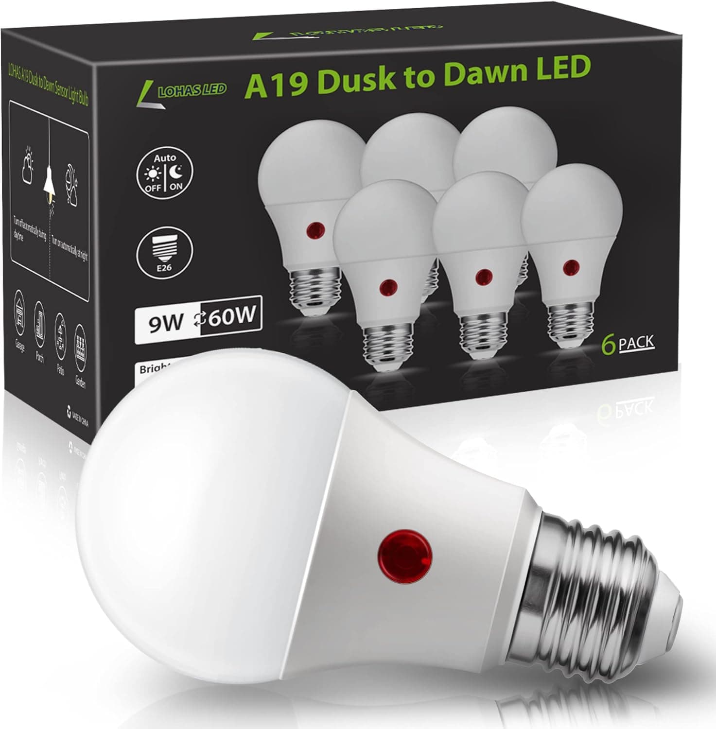 LOHAS Dusk to Dawn Light Bulbs Outdoor, Light Sensor Bulb 60W Equivalent, A19 LED Bulb Daylight 5000K, 9W Photocell Sensor LED, 900LM Auto On/Off Porch Light, E26 Base for Garage, UL Listed, 6 Pack