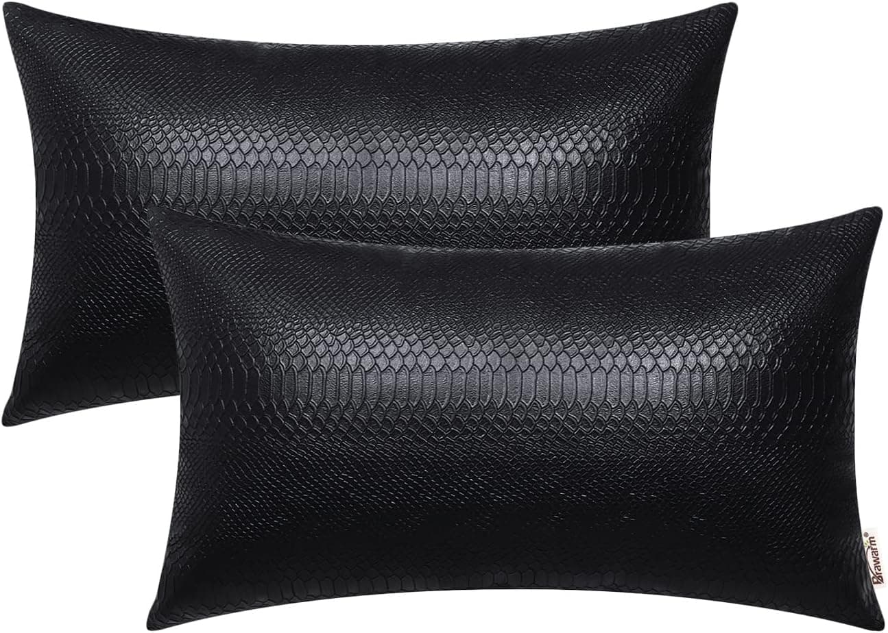 BRAWARM Black Leather Throw Pillows 12 X 20 Inches, Snake Leather Pillow Covers Pack of 2, Faux Leather Decorative Lumbar Pillow Covers for Couch Living Room Garden Bed Sofa Home