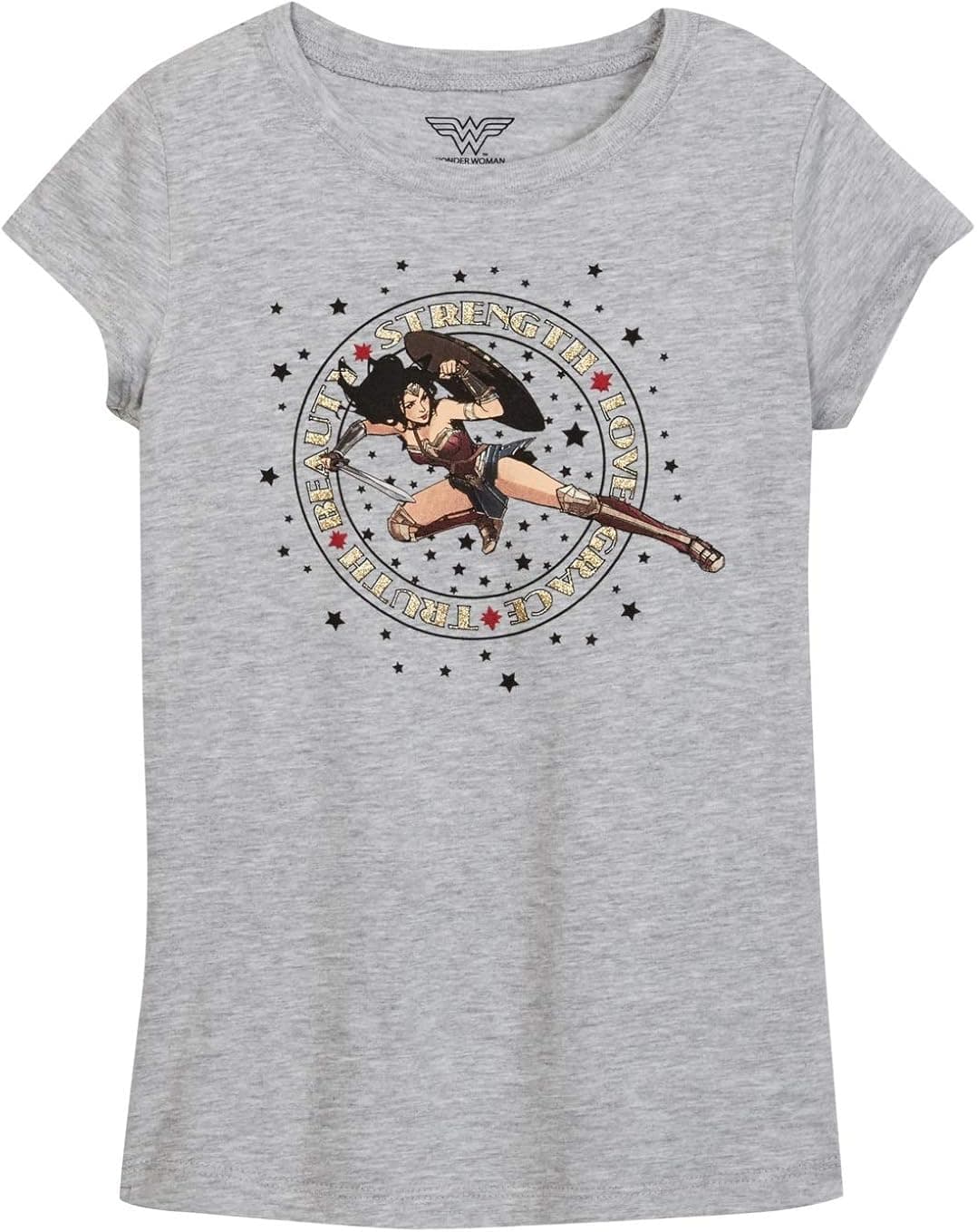 DC Comics Girls T-Shirt Superhero Print Wonder Woman (Large, Heather Grey)