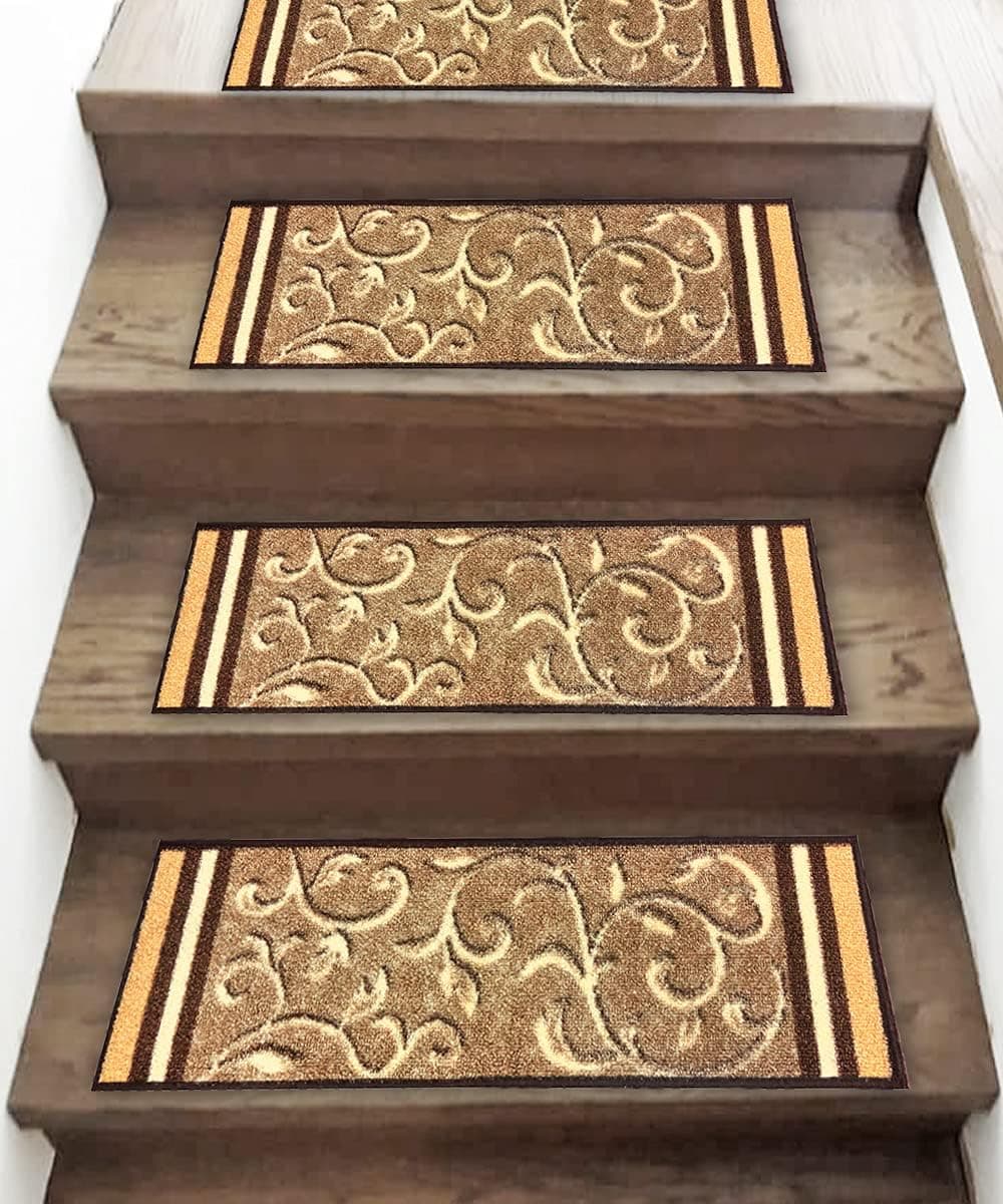 Gloria Non Slip Rubber Back Pet Friendly Floral Design Carpet Stair Treads Stairway mats (7, Beige)