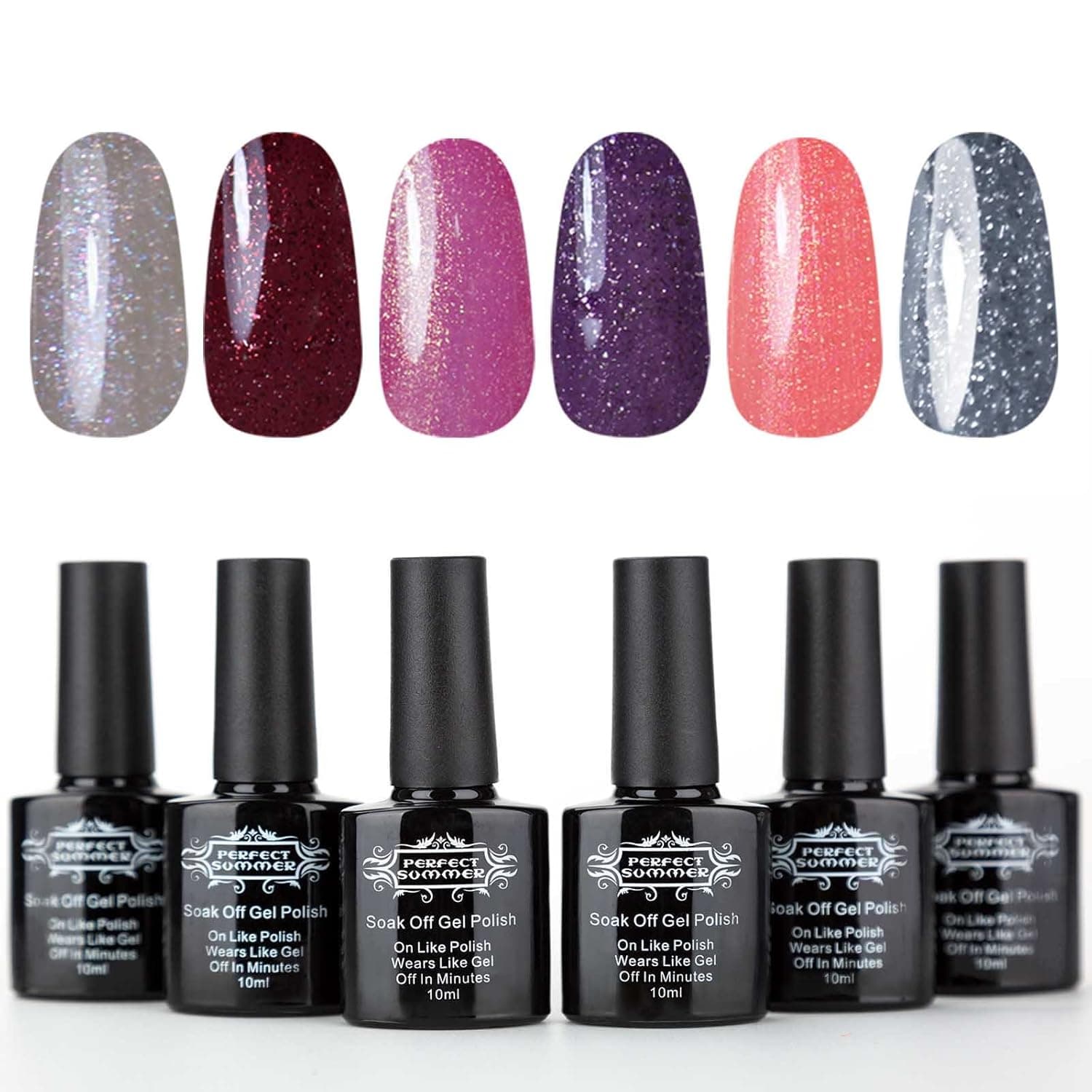 Perfect Summer Soak Of UV/LED Gel Nail Polish, Nebula " Holographic Colors Gift Kit - 10ml Each, 6 Bottles (Set #24)