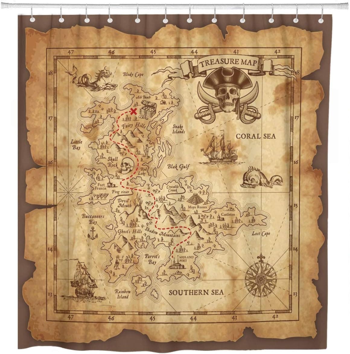 ArtSocket Shower Curtain Super Detailed Pirate Treasure Map on Ruined Old Parchment Home Bathroom Decor Polyester Fabric Waterproof 72 x 72 Inches Set with Hooks