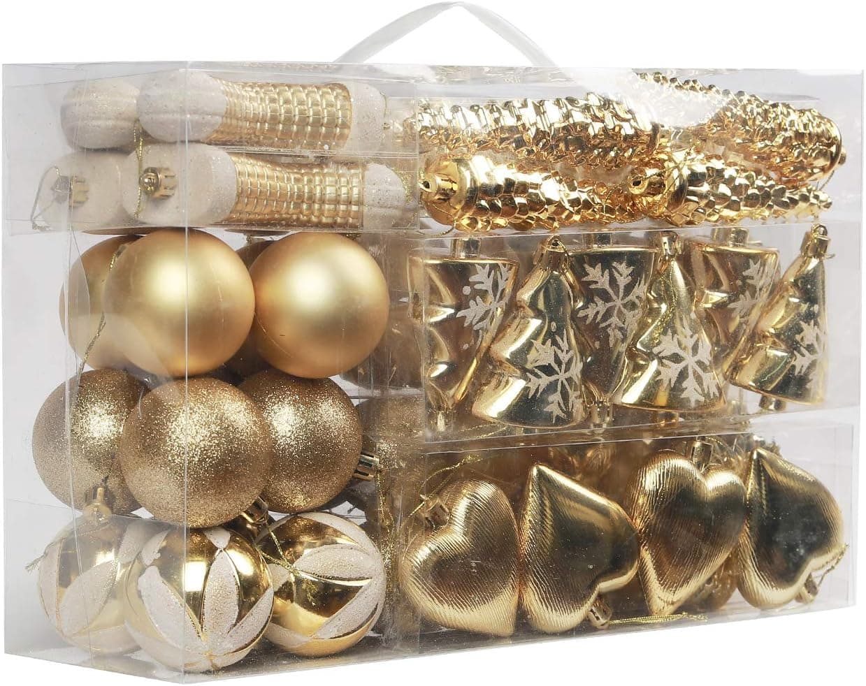 dansen 72ct Christmas Balls Assorted Shatterproof Christmas Ornaments Set Decorative Baubles Pendants with Reusable Hand-held Gift Package for Xmas Tree, Holiday and Party (Rose Gold) (Gold)