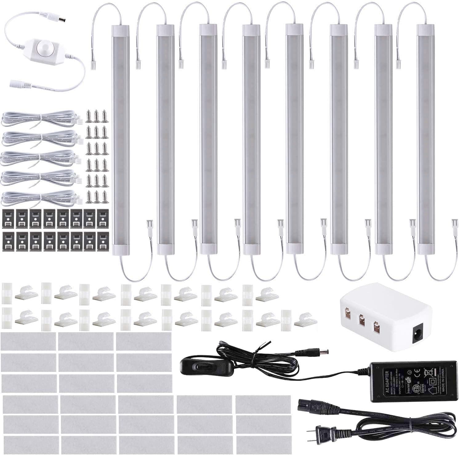8pcs LED Under Cabinet Lights, Dimmable Kitchen Cabinet Strip Lighting Fixture, Hardwired Under Counter Lighting for Cupboard, Showcase, Shelf, 12in 24V DC(Warm White)
