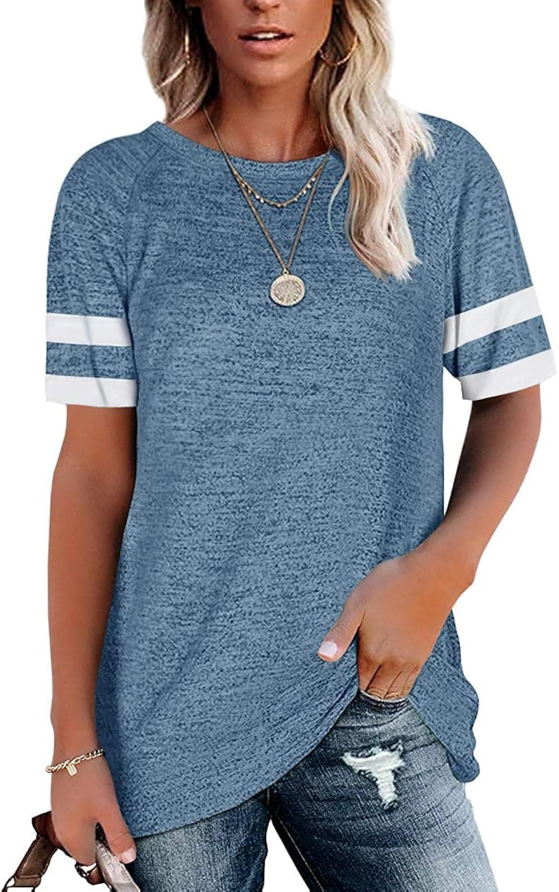 Womens T Shirts Short Sleeve Tunic Tops Loose Crewneck Color Block Casual Tee Shirts Blouses