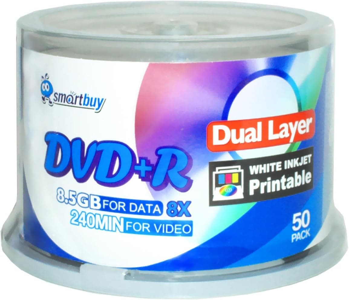 Smartbuy 50-disc 8.5GB/240min 8X DVD+R DL White Inkjet Hub Printable Blank Media Disc + Black Permanent Marker