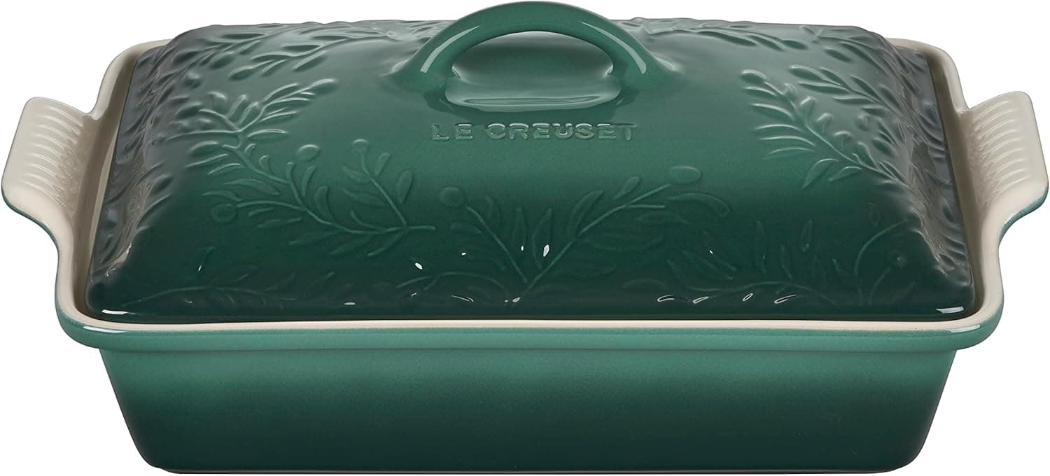 Le Creuset Olive Branch Collection Stoneware Heritage Covered Rectangular Casserole, 4 qt., Artichaut with Embossed Lid