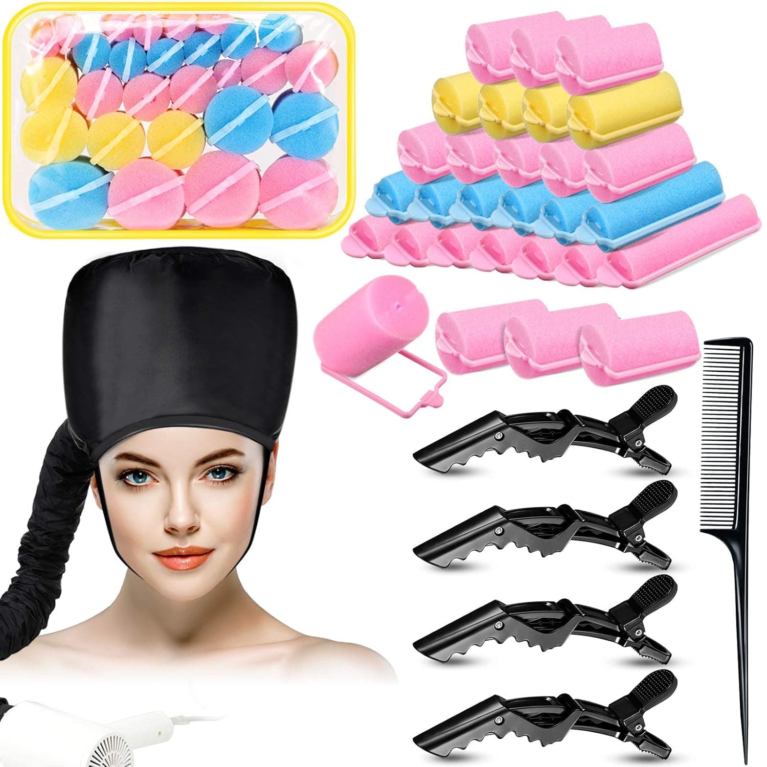28 Pieces Foam Sponge Hair Rollers 6 Sizes Flexible Hair Styling Rollers Soft Foam Hair Curlers, Hair Dryer Bonnet Attachment Hood Conditione Cap, 4 Pieces Alligator Hair Clips and Rat Tail Comb