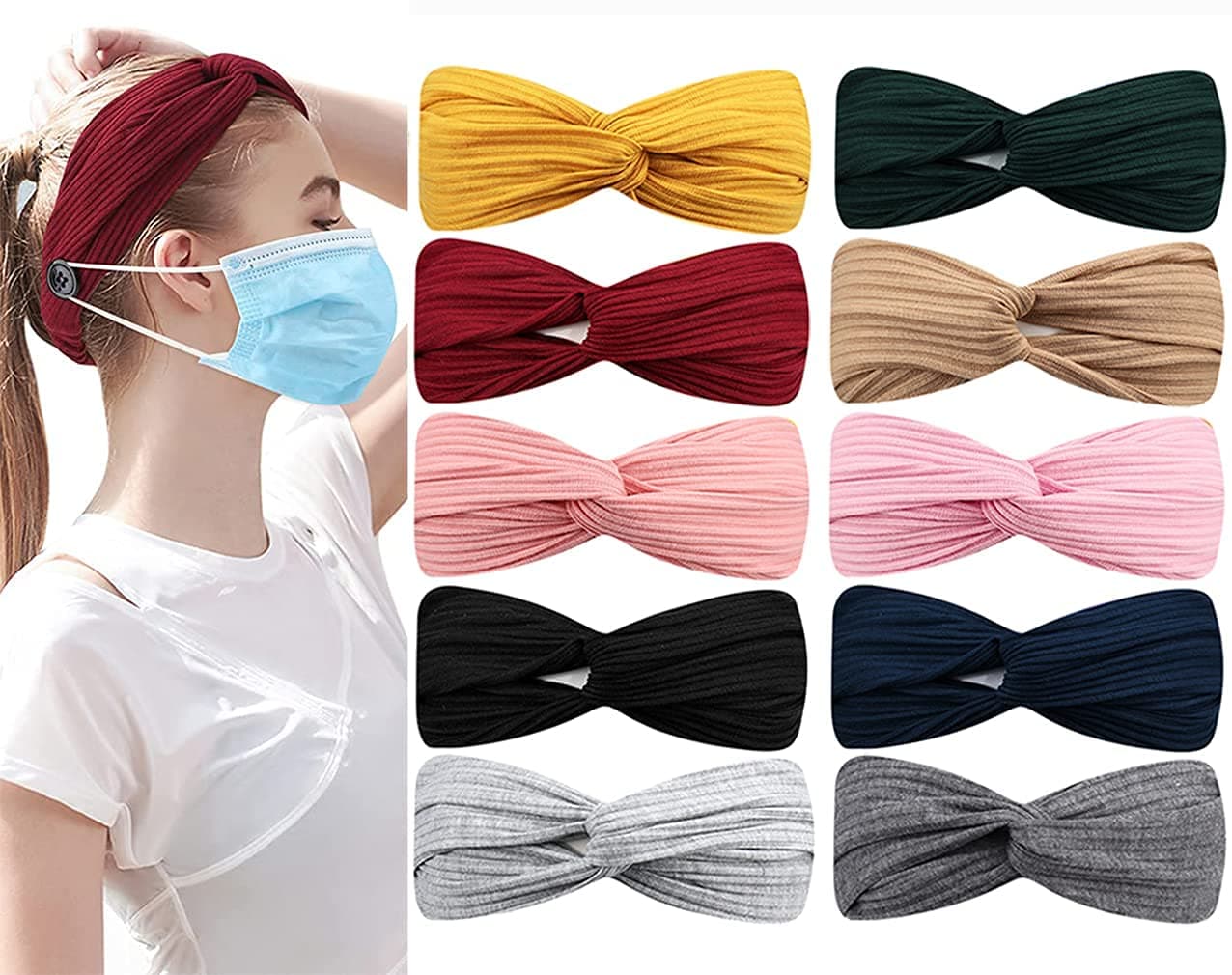 Jaciya 10 Pieces Headbands for Women with Button Solid Headband for Women Wide Criss Cross Headbands with Button Knot Headband Diademas para Mujer Headband Cloth Headbands Knot Headbands…