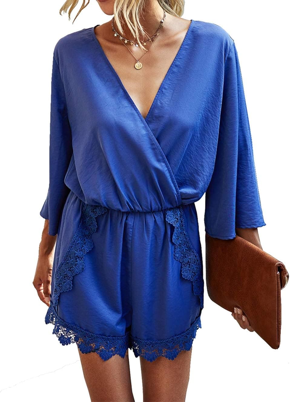 PRETTYGARDEN Women’s Casual 3/4 Short Sleeve Shorts Jumpsuit Wrap V Neck High Waist Lace Off Loose Romper with Pockets