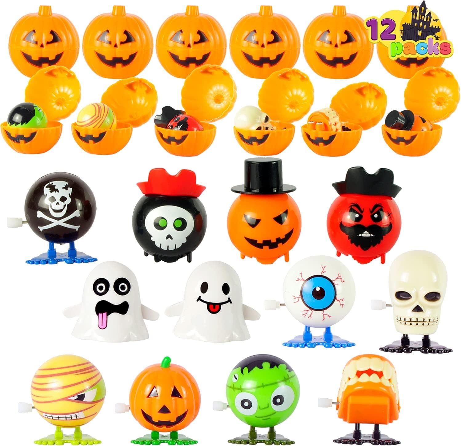 JOYIN Halloween Party Favors Set,12 Pack Prefilled Pumpkin Box with Halloween Themed Wind Up Toys for Kids Trick or Treat, Party Favors, Exchange, Carnival Game Prizes