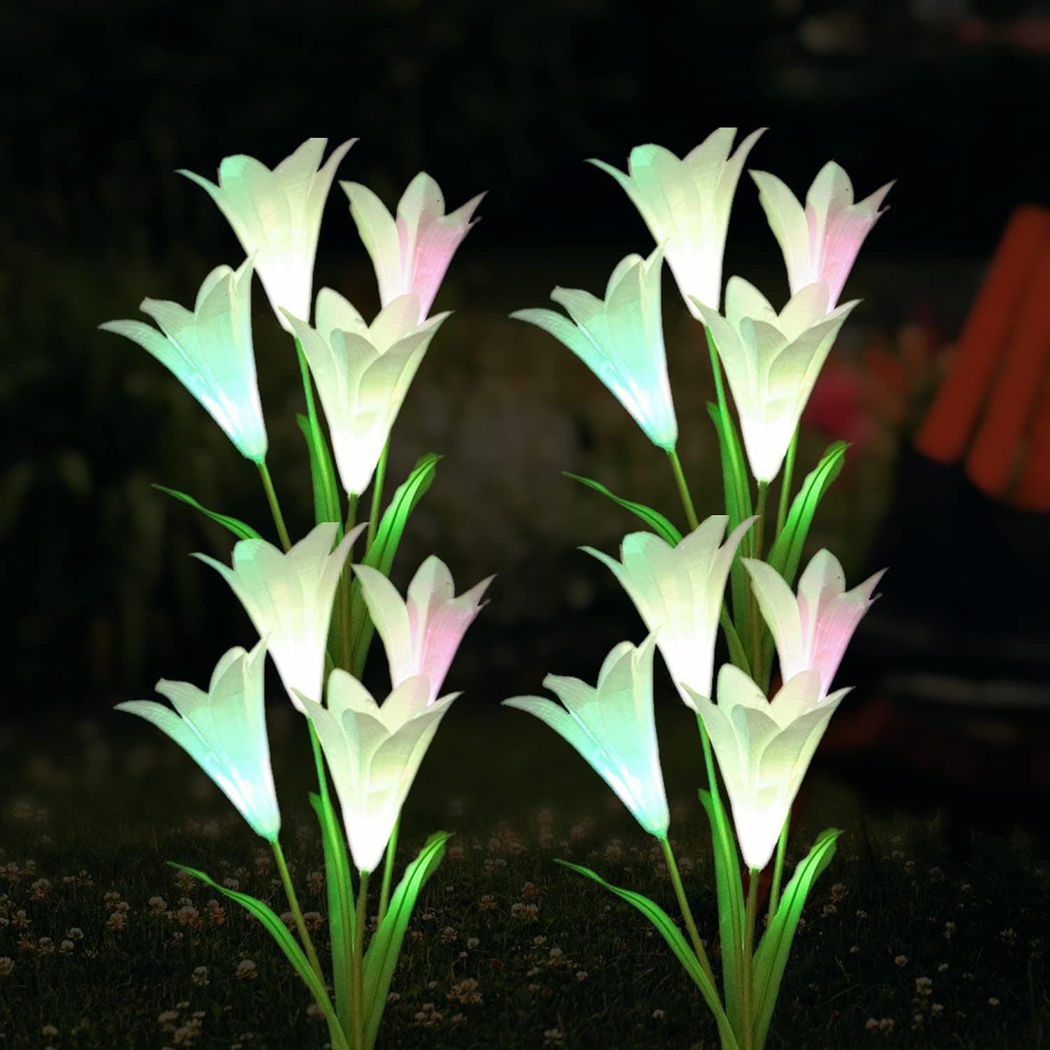 SunKite 4 Pack Lily Solar Garden Lights Outdoor Christmas Decor, Waterproof Landscape LED Lamp, Realistic Metal Flowers for Courtyard Pathway Garden Patio Yard Pool (White)