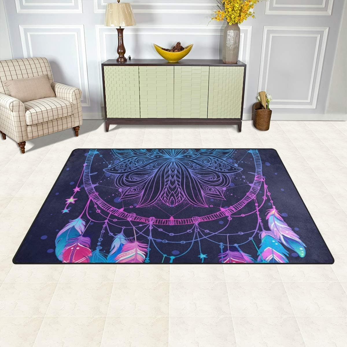 Jiayangzi Dream Catcher Feather Area Rug Non-Slip Backing Floor Carpet Modern Geometric Rugs Home Decorator Indoor Outdoor Floor Runner Accent Mat for Living Room Bedroom Kids Room 31x20 in