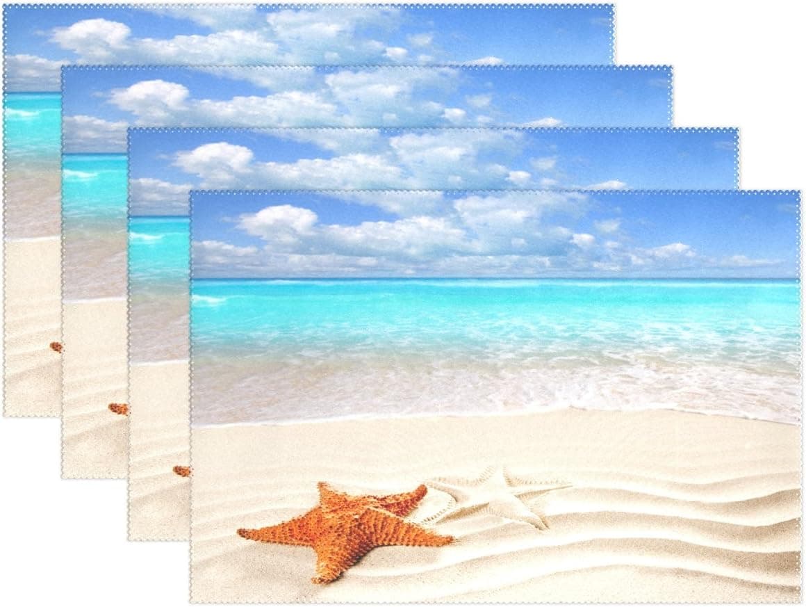 Summer Vacation Caribbean Starfish Over Wavy White Sand Beach Heat-Resistant Table Placemats Set of 6 Anti-Skid Table Mats Washable Eat Mat for Parties Everyday & Holidays Use