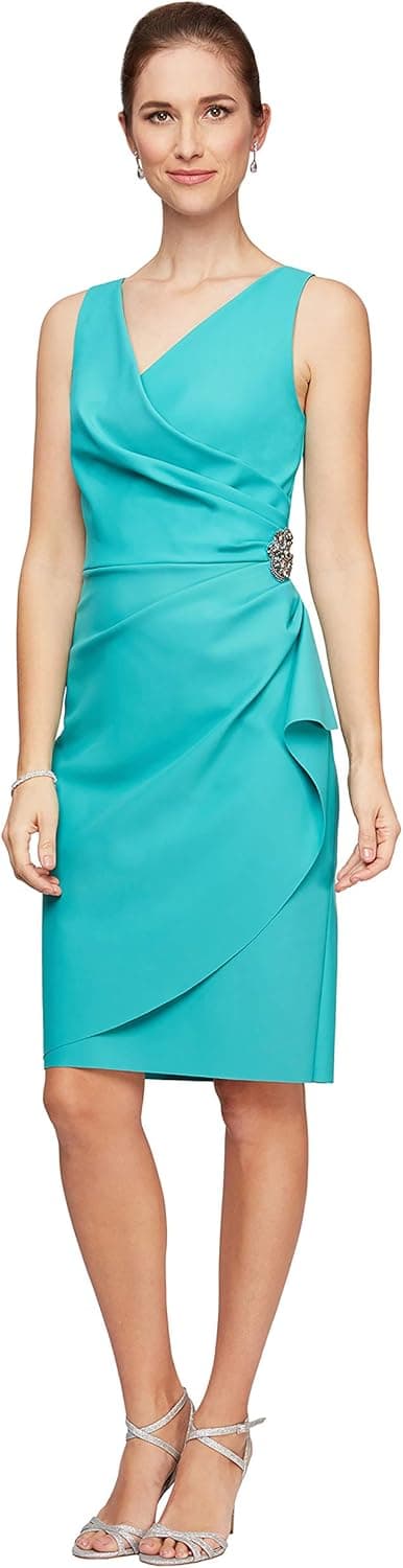 Alex Evenings Women's Slimming Short Ruched Dress with Ruffle(Petite and Regular)