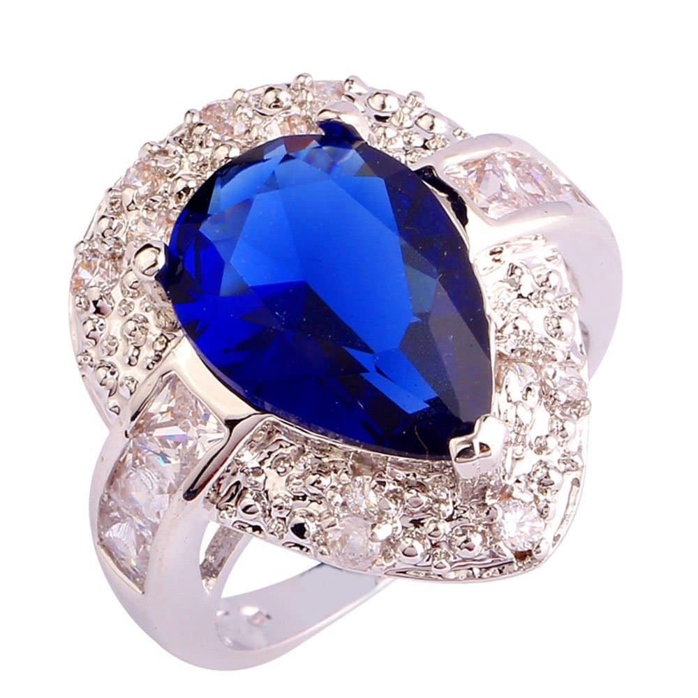 Empsoul 925 Sterling Silver Natural Novelty Created 5ct Pear Cut Sapphire Quartz Halo Engagement Ring