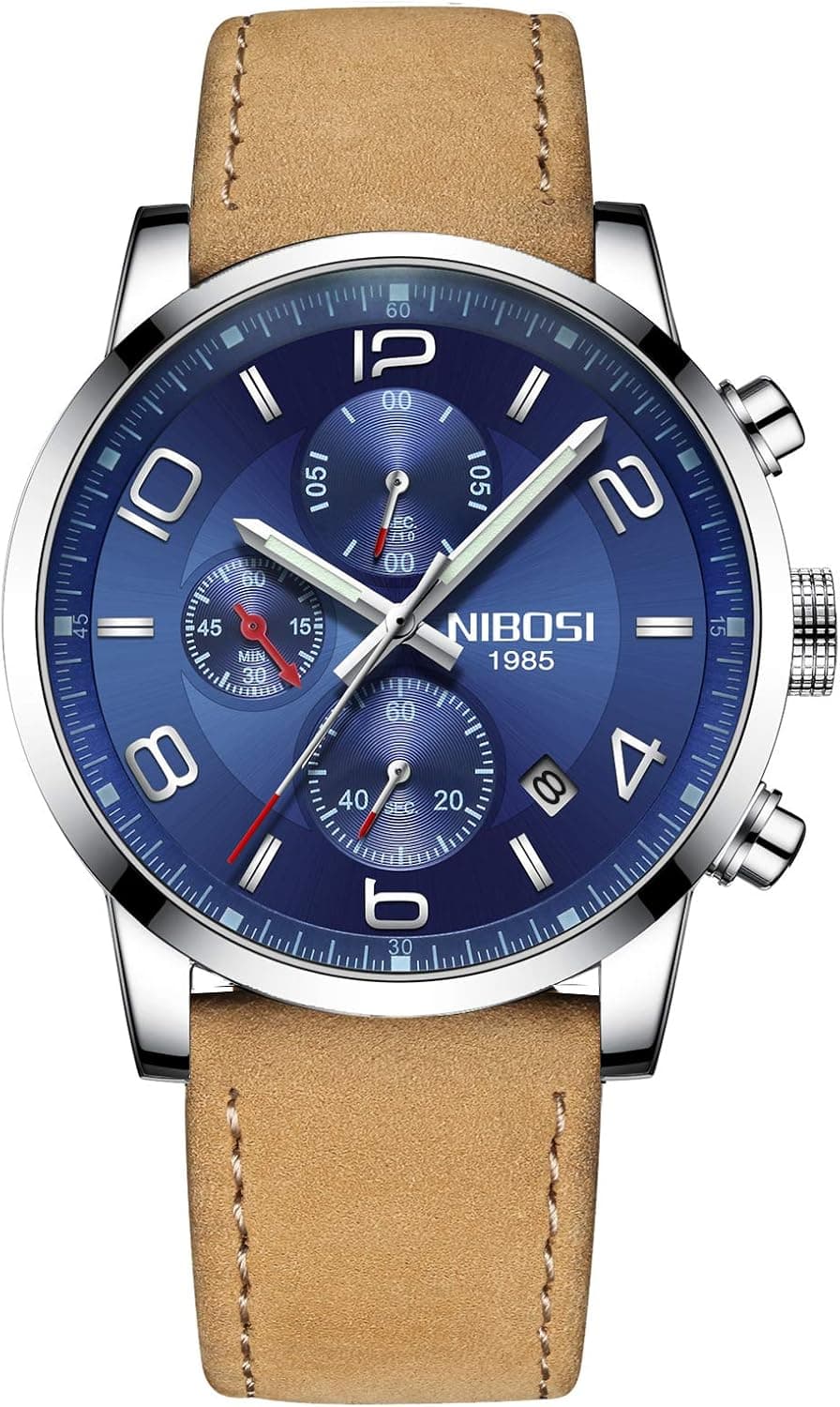 NIBOSI Mens Watches Leather Bands Chronograph Waterproof Analog Quartz Watch Clock Date Sport Business Wristwatch