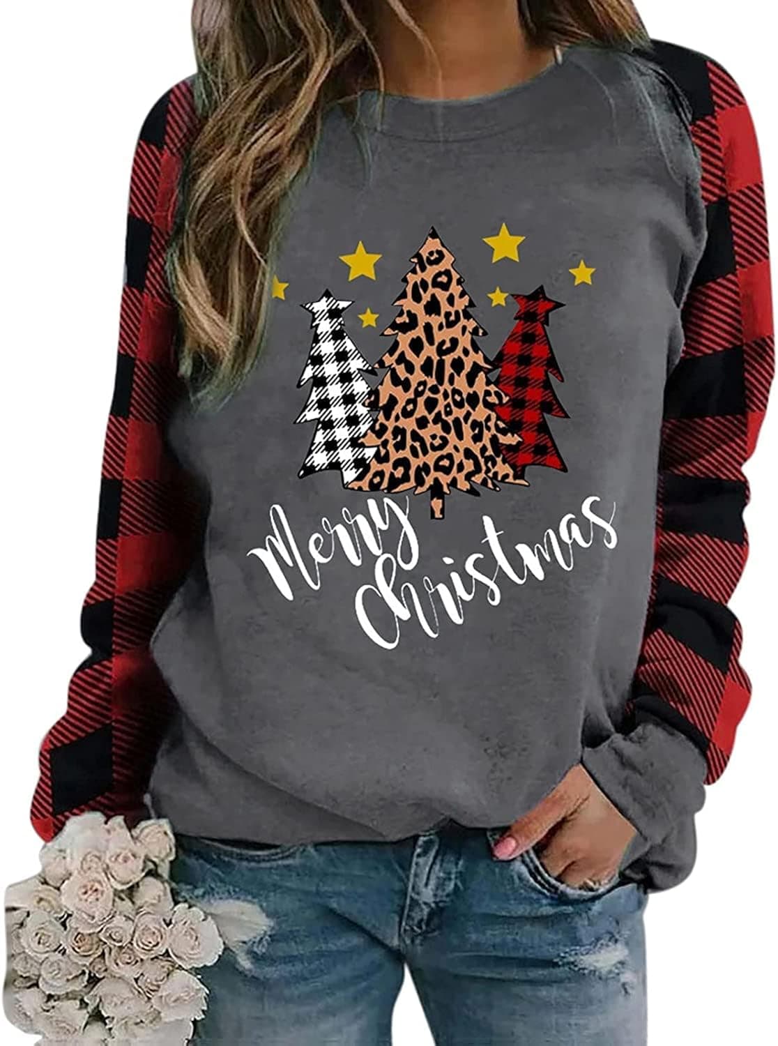 Womens Merrry Christmas Thanksgiving Sweatshirts Xmas Plaid Tree Printed Shirts Long Sleeve Lightweight Pullover Shirts