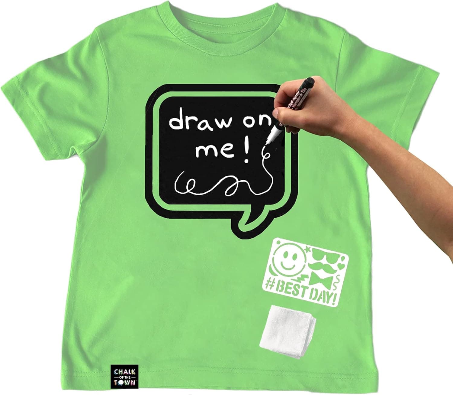 Chalk of the Town Green Speech Bubble Chalkboard Short Sleeve T-Shirt Kit for Kids with 1 Marker and 1 Stencil (X-Small, Lime)