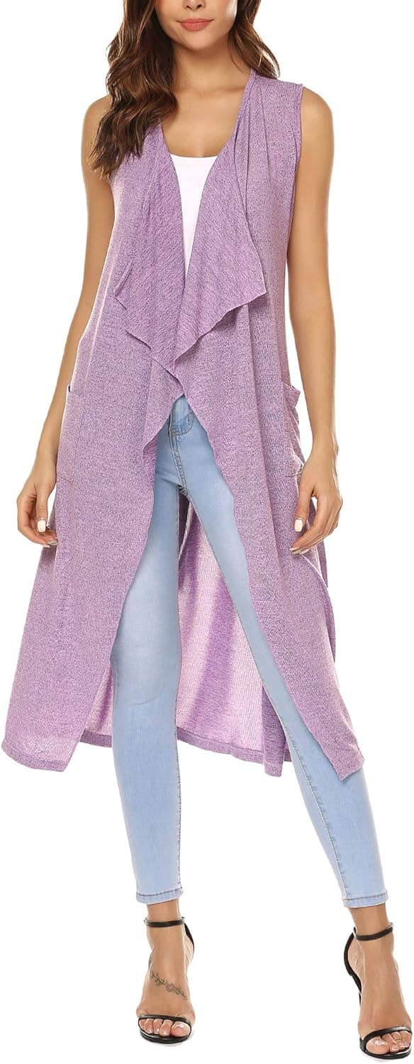 URRU Womens Casual Sleeveless Open Front Cardigan Sweater Vest with Pockets and Belt
