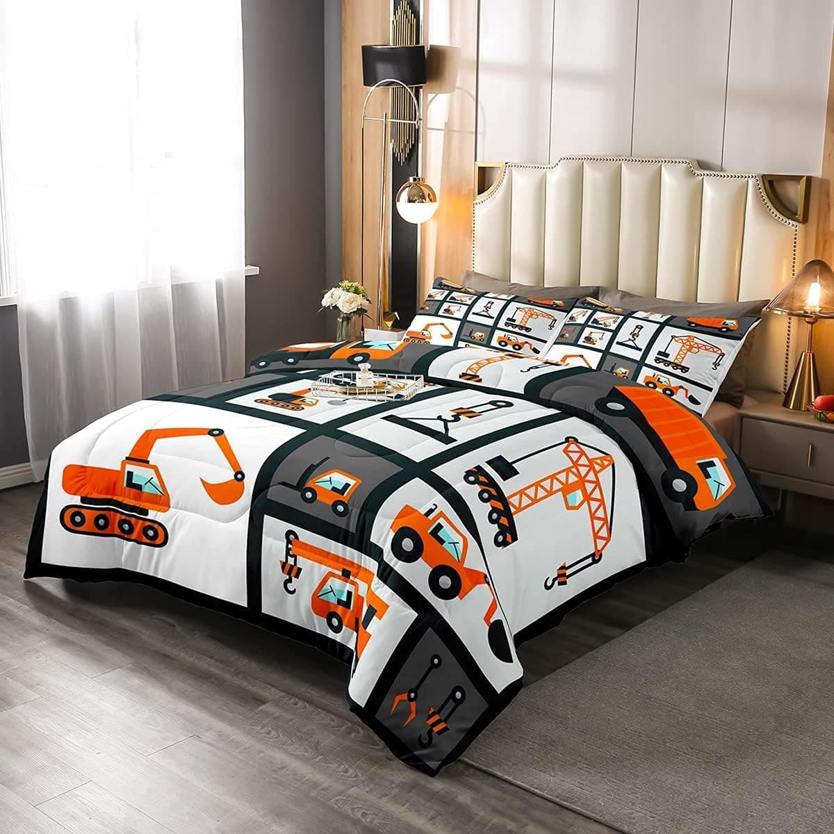 Feelyou Boys Construction Bedding Set Kids Machinery Truck Comforter for Boy Bedroom Construction Site Car Vehicle Decor Comforter Set Excavators Quilt Set 2Pcs Twin Size