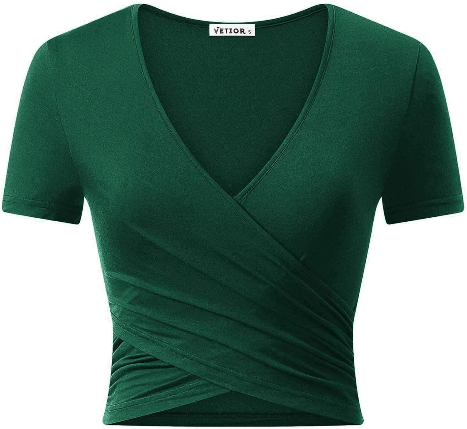 VETIOR Women's Sexy Deep V Neck Short Sleeve Unique Slim Fit Cross Wrap Shirts Crop Tops Going Out Tops