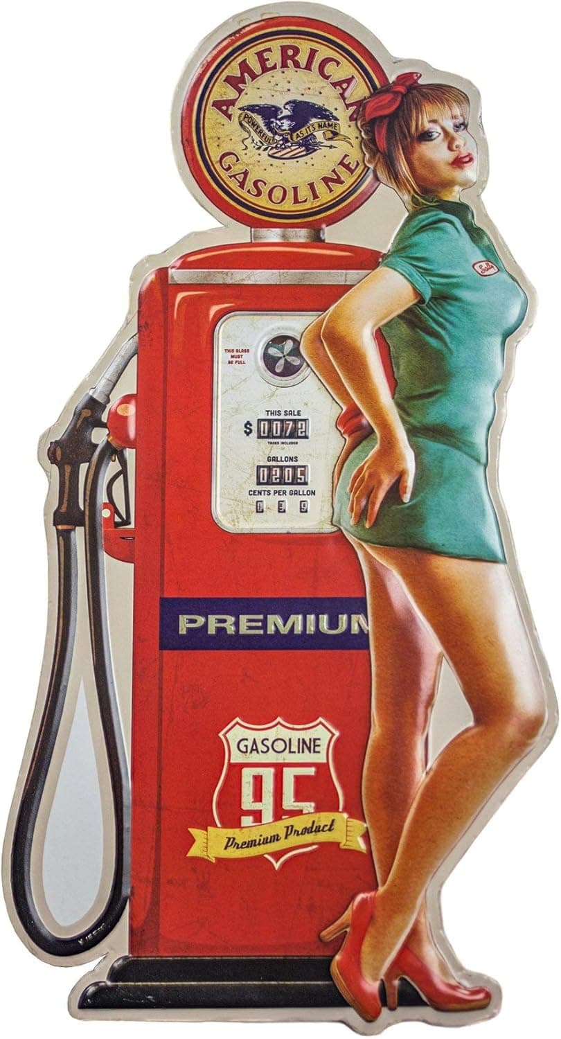 Vintage American Gasoline Gas Pump Pinup Girl Shaped & Embossed Metal Wall Decor Sign, Heavy Gauge .35mm Iron, Sawtooth Hanger On Back for Displaying, 22.5" x 12.25"