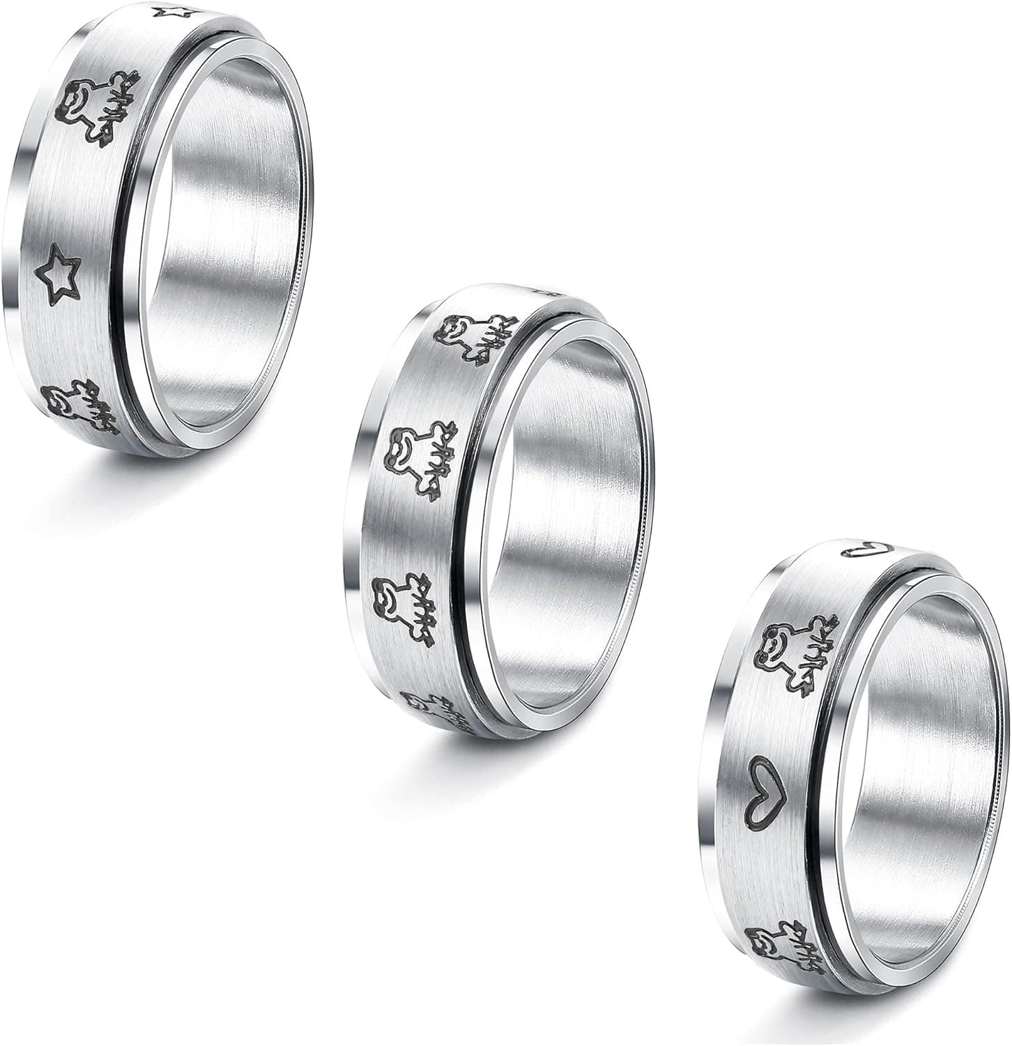 Magitaco 3 Pcs Stainless Steel Spinner Rings for Women Men Frog Heart Star Stress Relieving Wedding Promise Fidget Band Rings Size 5-13