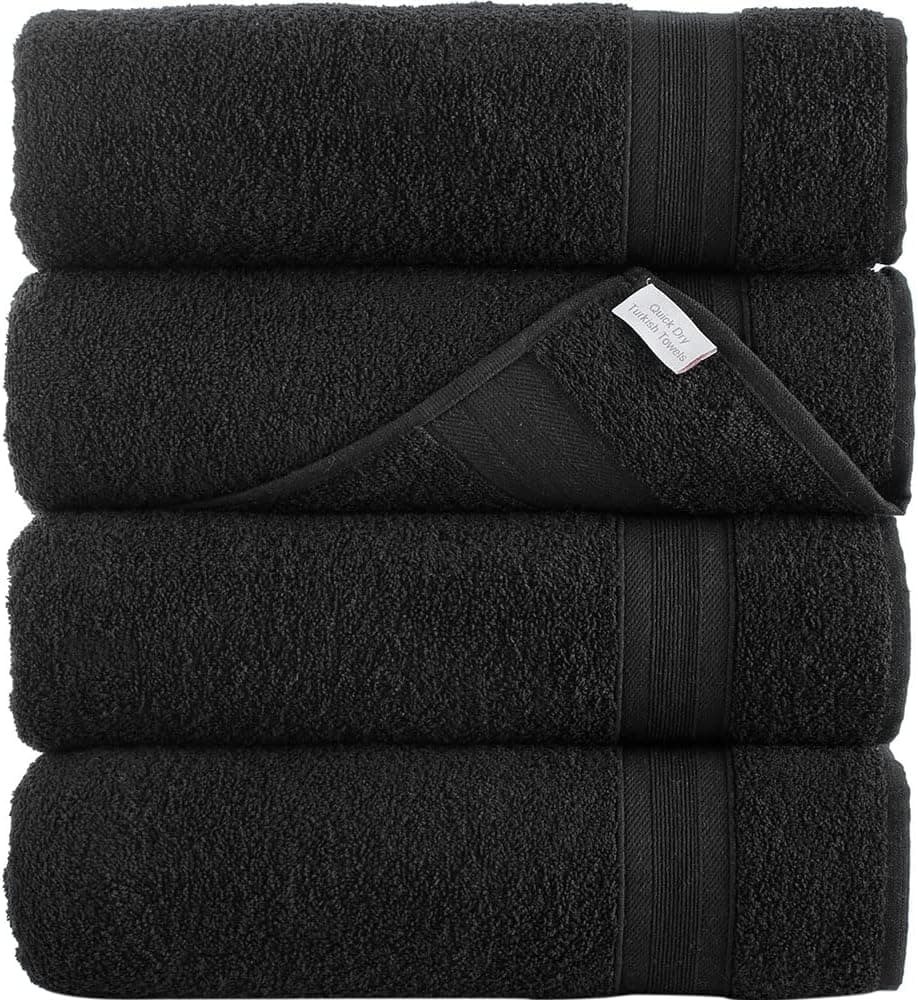 All Desgin Black Bath Towels 27" x 54" Quick-Dry High Absorbent 100% Turkish Cotton Towel for Bathroom, Guests, Pool, Gym, Camp, Travel, College Dorm, Shower (Black, 4 Pack)