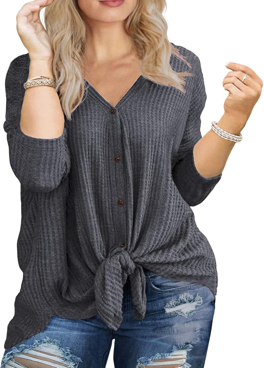 OLRIK Womens Plus Size Tops Long/Short Sleeve V Neck Waffle Knit Tunic Blouse Tie Front Button Up T Shirts