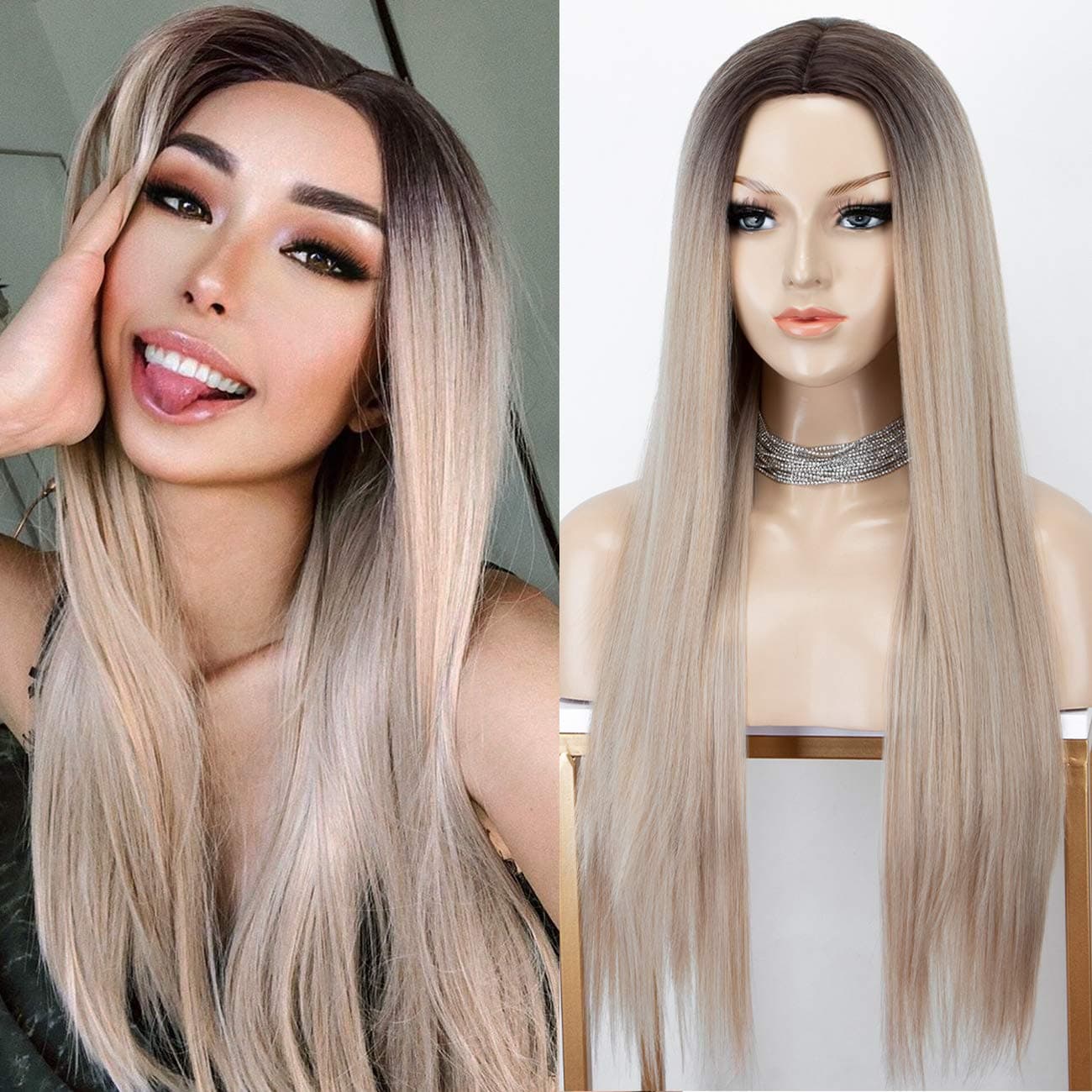 K'ryssma 22 Inches Ombre Blonde Wig with Dark Roots Straight Long Synthetic Wigs with Deep Middle Parting