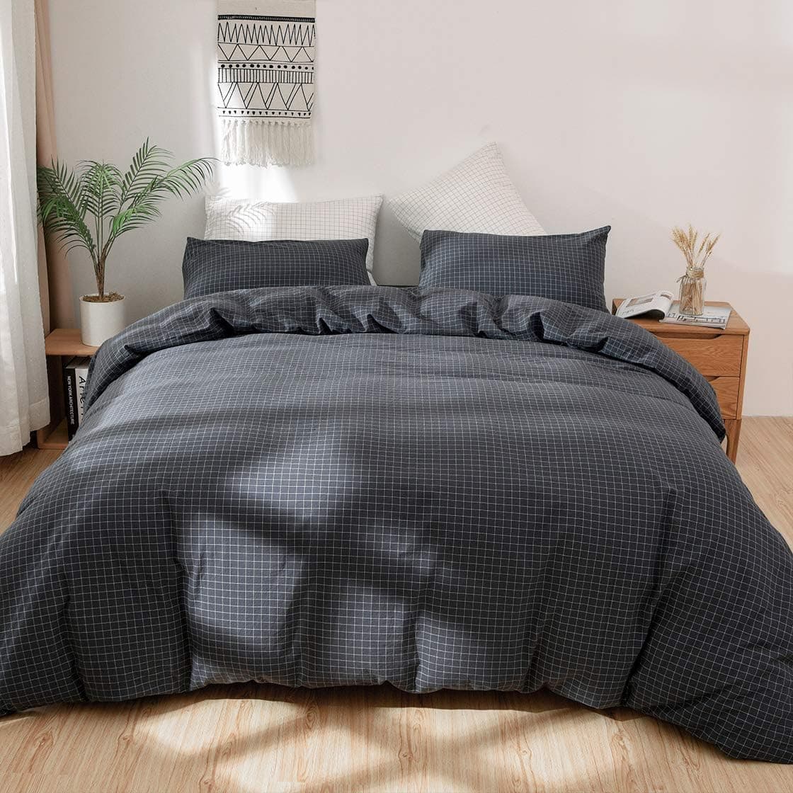 Eforcurtain 100% Washed Cotton Duvet Cover Queen Size (90x90 inches) Black and White Checkered Bedding Duvet Cover Sets 3 Pieces (1 Duvet Cover + 2 Pillow Shams)