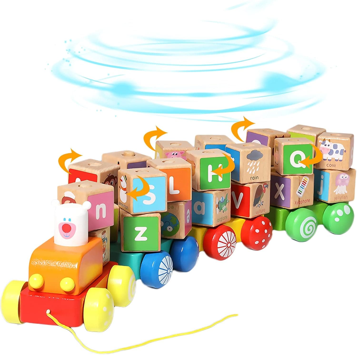 Wooden Blocks Baby Toys Pull Along Train for Kids, Wooden 26 PCS Alphabet Letters Toddler Building Blocks Set, Montessori Educational Toys for Boys and Girls
