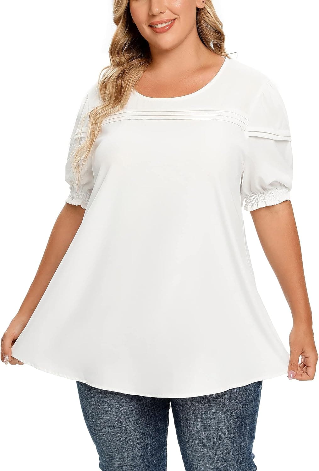 Carrdc Women's Elegant Plus Size Tops Puff Sleeve Pleated Front Flowy Shirt Blouse Tunic