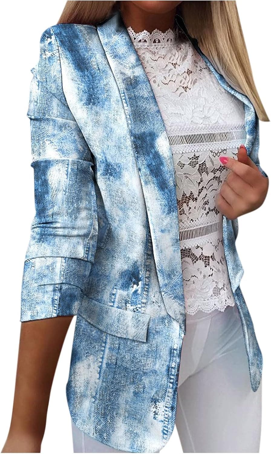 Maryia Womens Casual Blazer Long Sleeve Open Front Work Office Jackets Blazer Print Lightweight Roll Up Slim Fit Tops