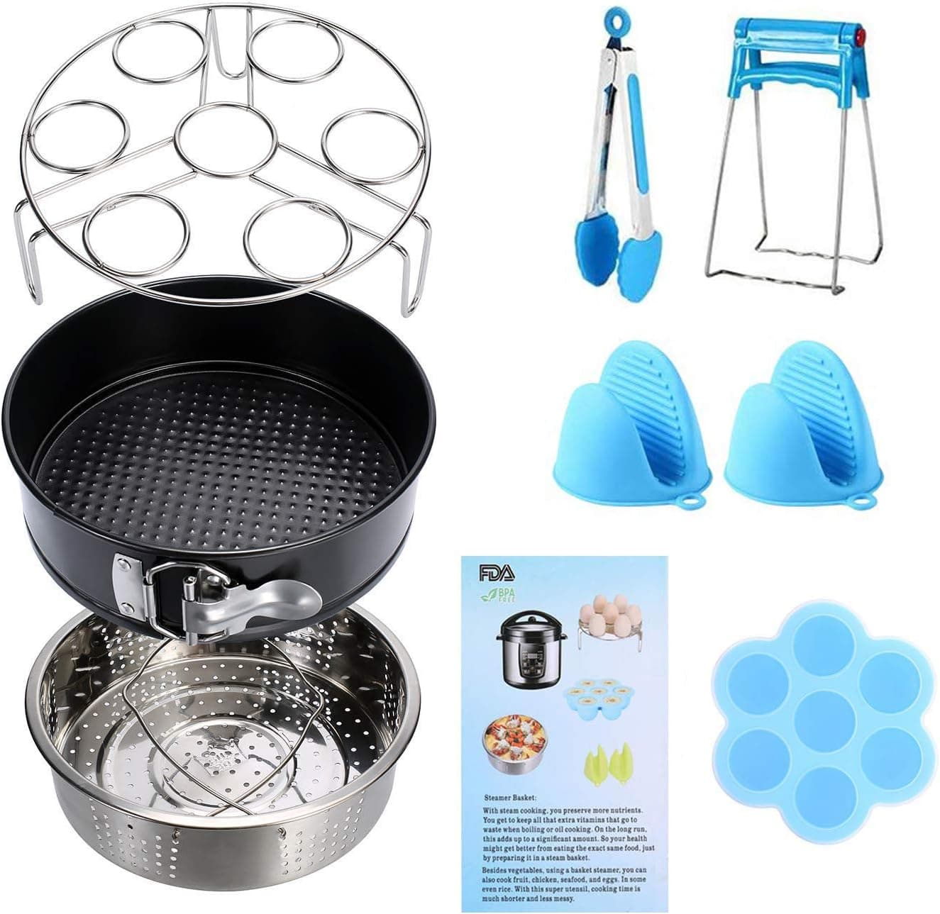 Instant Pot Accessories Set 8 Pcs 5,6,8Qt Steamer Basket Non-Stick Springform Pan, Steamer Basket, Egg Steamer Rack, Silicone Kitchen Tongs, Mini Mitts Fits 5,6,8Qt Instant Pot Pressure Cooker (Blue)