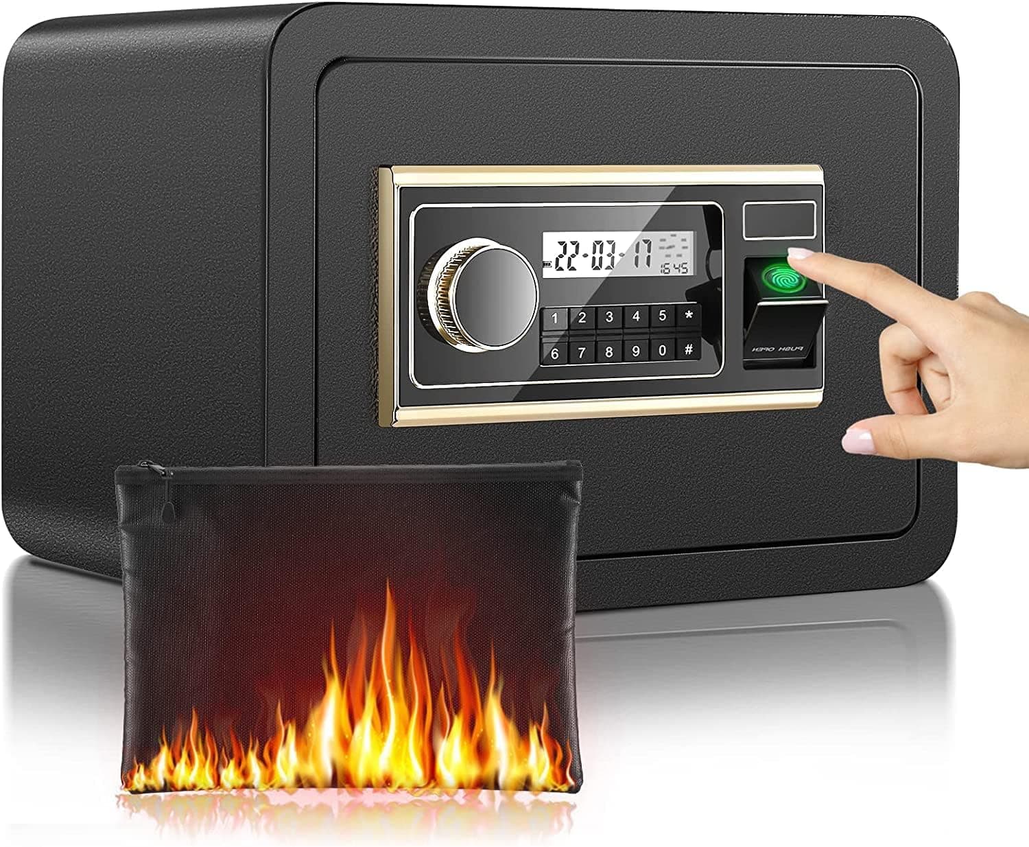 Riddost Fireproof Safe Box with LCD Screen, 1.08Cub Home Safe with Digital Keypad/Fireproof Bag/LED/Key Hook, Safe Box for Money Cash Pistol Jewelry Important Documents(Black)