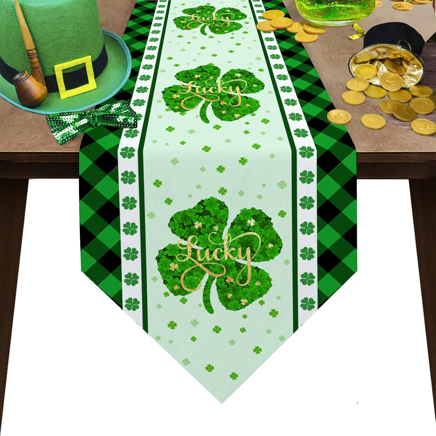 Z&L Home St. Patrick's Day Shamrock Table Runner Cotton Linen Lucky Dresser 70inch Long,Green Black Buffalo Plaid Burlap Family Dinner/Holiday Party/Wedding Events/Kitchen Decor, White, 13x70inch