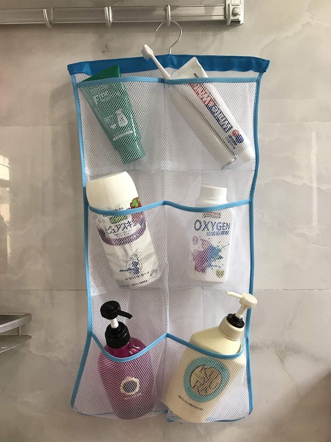 Mesh Bath Organizers for Shower with Hook, Quick Dry Hanging Shower Caddy College, Bath Storage with 6 Pockets for College Dorm Rooms, Bathroom (Blue Shower Storage)