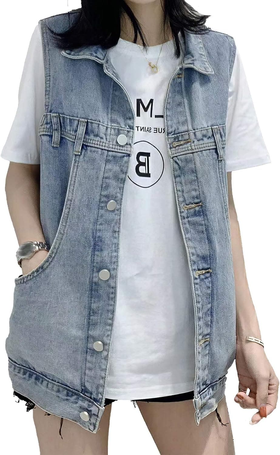 TheyLook Womens Denim Vest Sleeveless Jean Jacket Casual Outerwear Waistcoat With Large Pockets