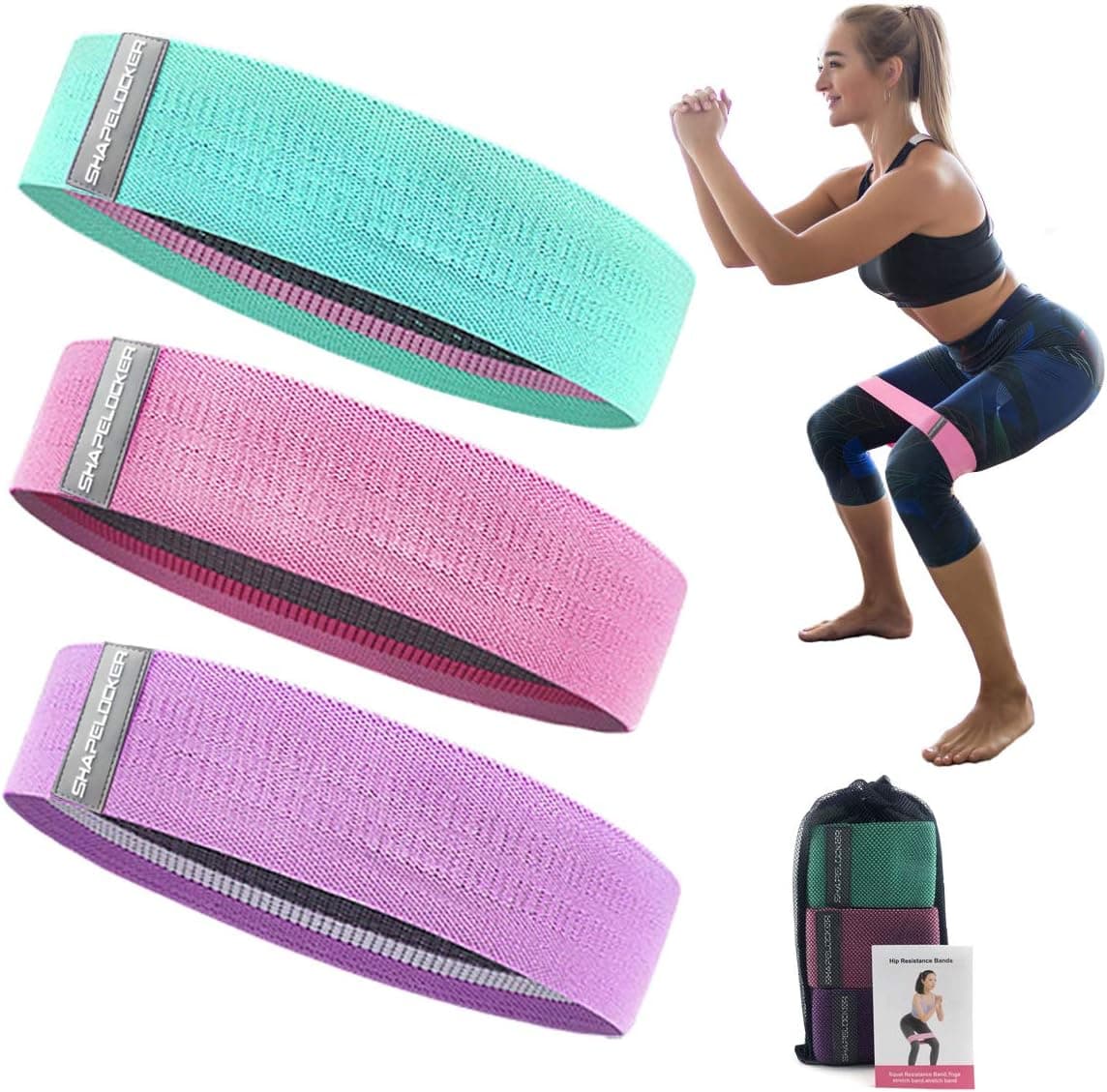 Shapelocker Fabric Resistance Bands Set, 3 Pack Non Slip Resistance Bands Glute Bands Fabric Booty Bands with Carrying Pouch and Manual for Women Butt Legs Squat Glute Hip Thigh Workout Training