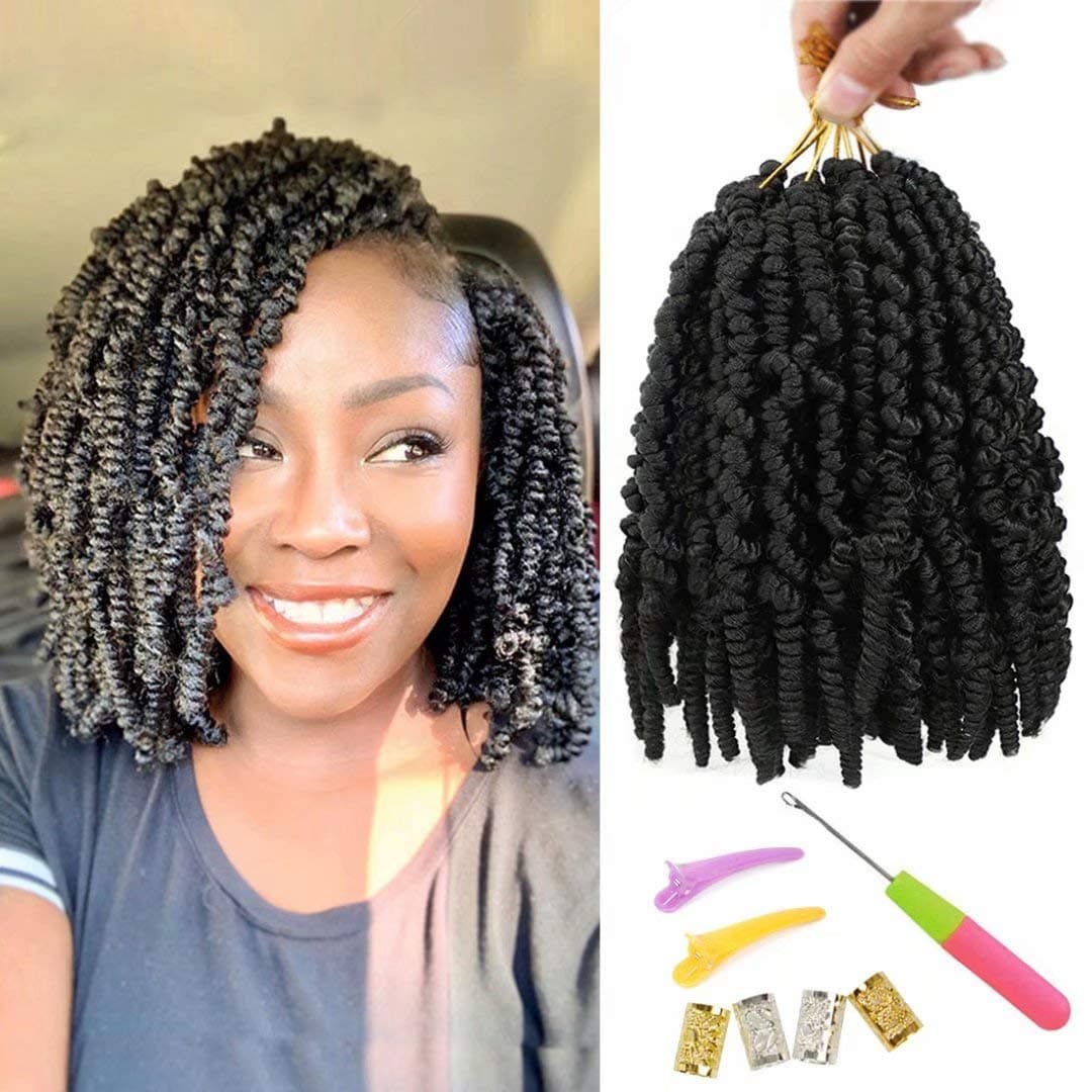 6 Packs Pre-twisted Spring Twist Hair 8 inch Pre-Twisted Passion Twists Crochet Braids For Bob Spring Twists Short Curly Bomb Twist Braiding Hair Hair Extensions (8''6Pcs-1B#)