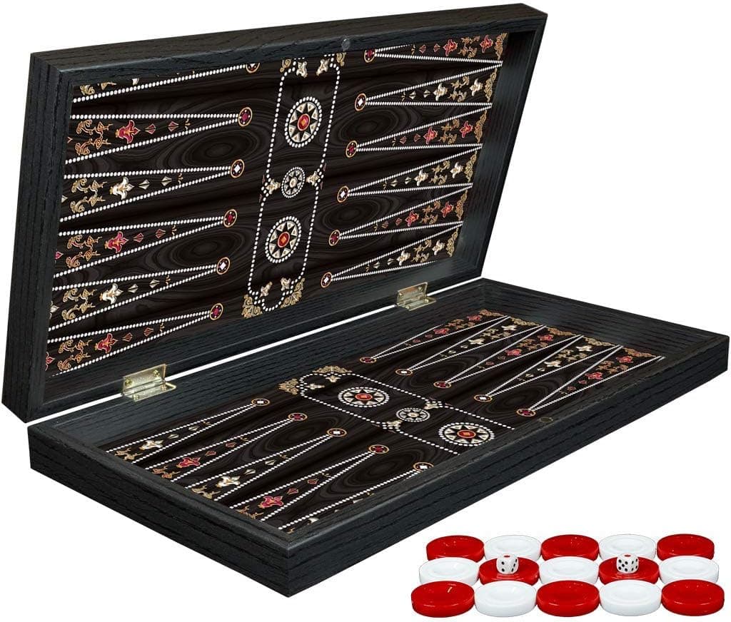 LaModaHome 14.9'' Turkish Black Pearl Backgammon Set, Wooden, Board Game for Family Game Nights, Modern Elite Vinyl Unscratchable Tavla for Adults and Couples, Magnetic Closing Meachanism