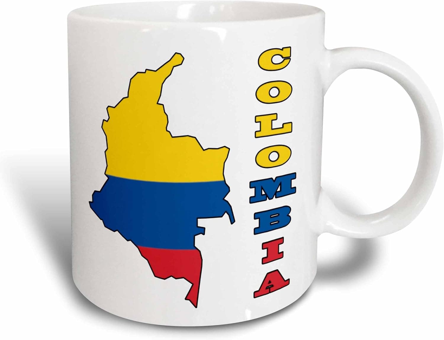 3dRose mug_51747_1"Colombian flag in the map and letters of Colombia" Ceramic Mug, 11 oz, Multicolor