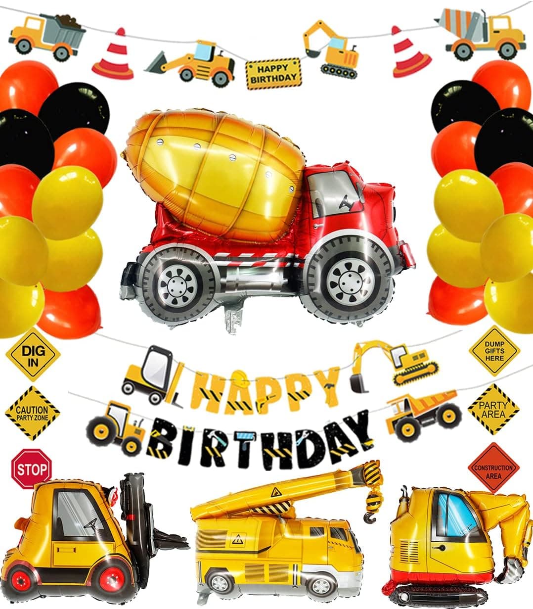 Construction Birthday Party Supplies Dump Truck Party Decorations Kits Set with 4 Foil Balloons, Balloons Garland, Happy Birthday Banner, Vehicle Banner, Traffic Signs for Kids Birthday Party