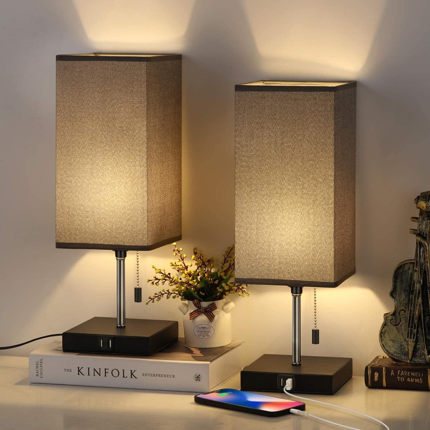 BTY USB Table Lamp Set of 2 Bedside Table Lamp with 2 USB Charging Ports Modern Design Nightstand Lamp with Grey Square Fabric Shade Lamp for Living Room Bedroom Office